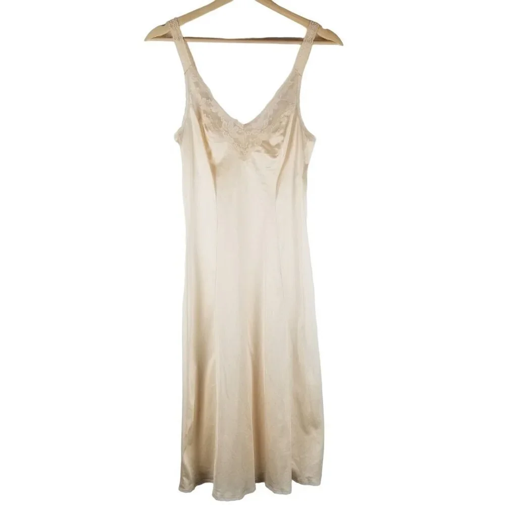 VINTAGE Maidenform Slip Womens Small 4 Beige Lace Midi Satin Dress USA Retro 60s - Picture 1 of 15
